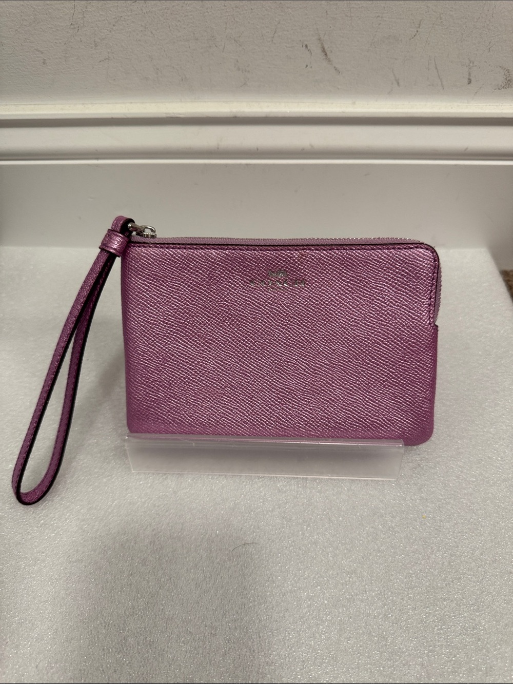 Coach purple metallic corner zip wristlet wallet